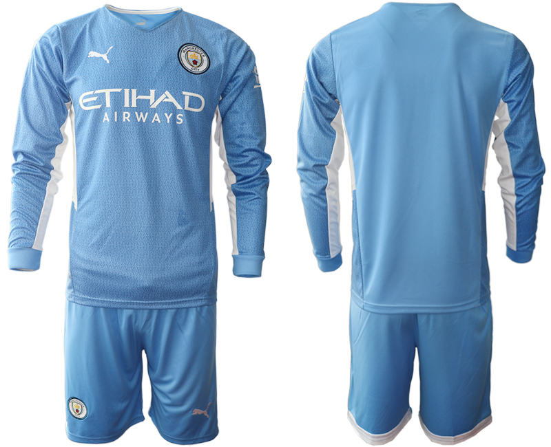 Men 2021-2022 Club Manchester city home Light blue Long Sleeve blank Soccer Jersey
